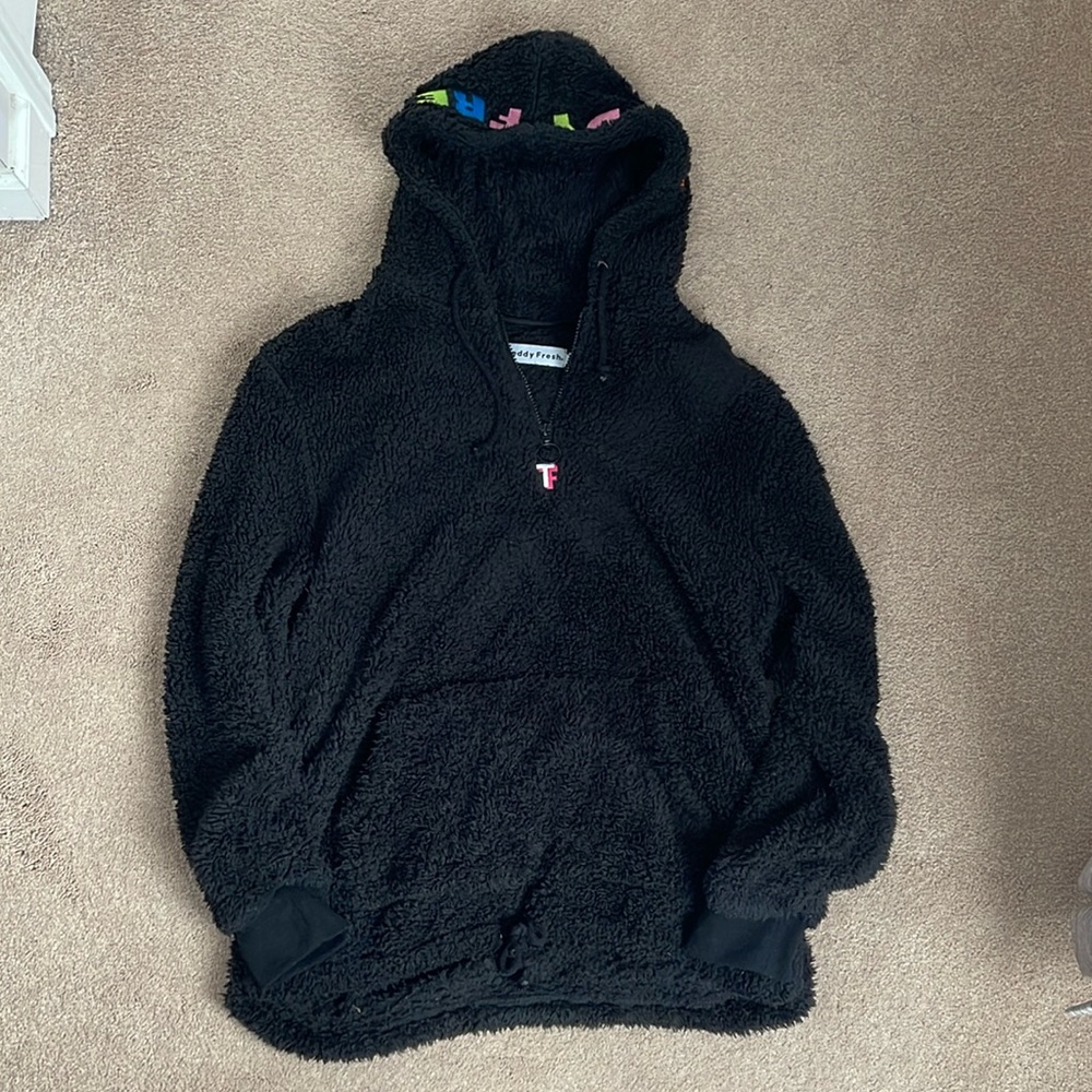 Teddy Fresh Men's Sherpa Black Quarter Zip Fleece Hoodie Medium